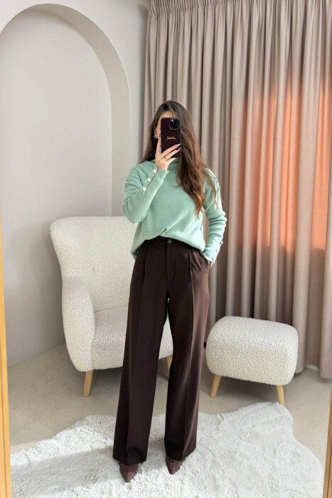 BUTTON SLEVEE HIGH NECK WOMAN SWEATER MINT/MENTE 