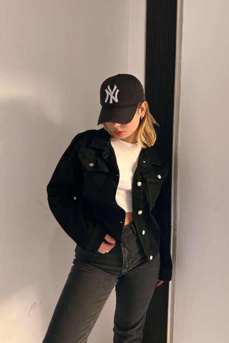 ONE COLOR BUTTON WOMEN DENIM JACKET BLACK/ E ZEZE - 3