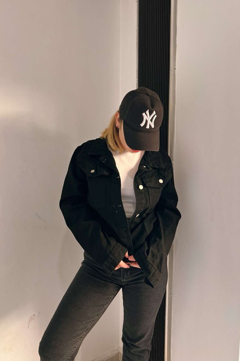 ONE COLOR BUTTON WOMEN DENIM JACKET BLACK/ E ZEZE - 4