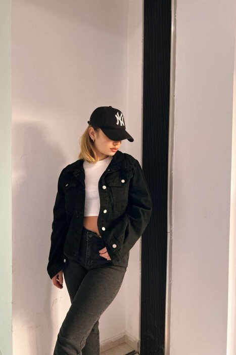 ONE COLOR BUTTON WOMEN DENIM JACKET BLACK/ E ZEZE - 5