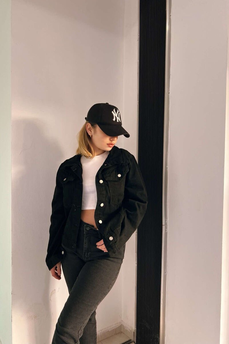 ONE COLOR BUTTON WOMEN DENIM JACKET BLACK/ E ZEZE - 5