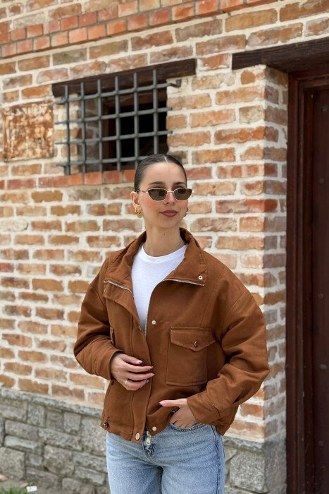 BUTTONED AND ZIPPER WOMAN JACKET BROWN/KAFE - KLAUDIO FASHION