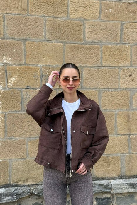 BUTTONED AND ZIPPER WOMAN JACKET DARK BROWN/KAE - KLAUDIO FASHION
