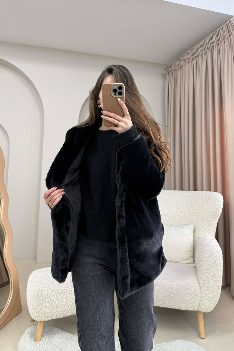 BUTTONED HOOD FAUX FUR WOMEN COAT BLACK/ E ZEZE - 2
