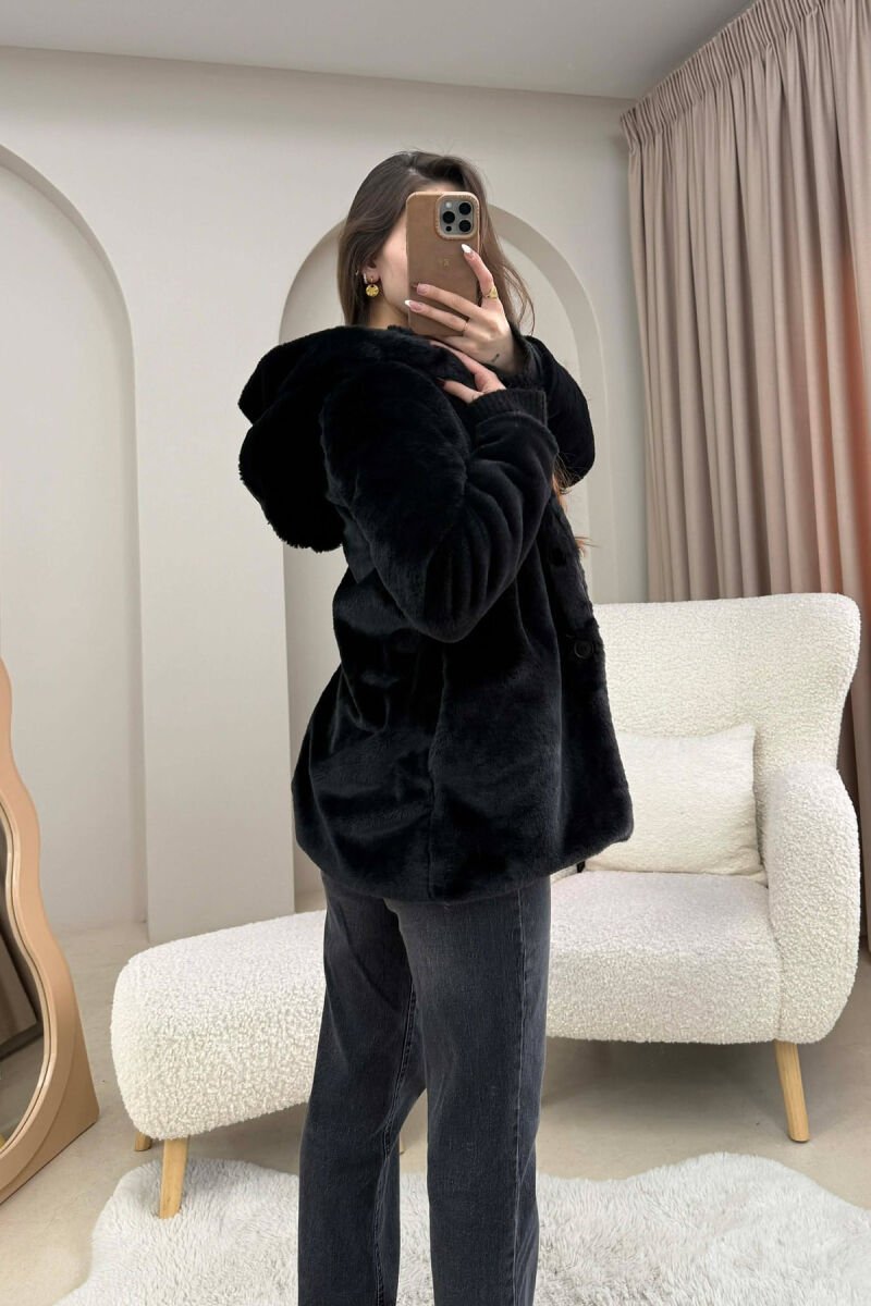 BUTTONED HOOD FAUX FUR WOMEN COAT BLACK/ E ZEZE - 3