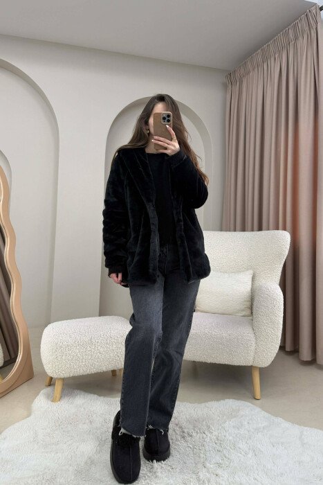 BUTTONED HOOD FAUX FUR WOMEN COAT BLACK/ E ZEZE - 4