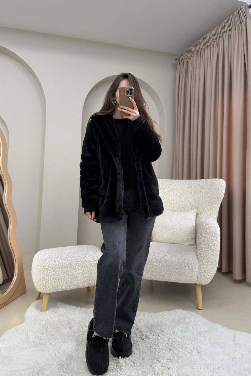 BUTTONED HOOD FAUX FUR WOMEN COAT BLACK/ E ZEZE - 4