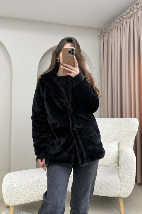 BUTTONED HOOD FAUX FUR WOMEN COAT BLACK/ E ZEZE 