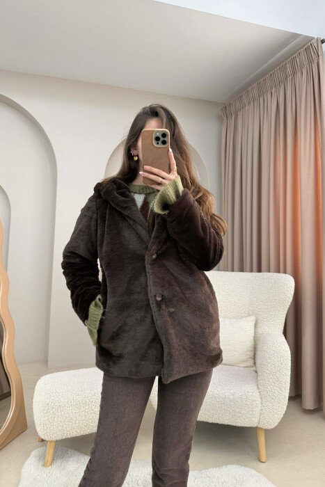 BUTTONED HOOD FAUX FUR WOMEN COAT BROWN/KAFE 