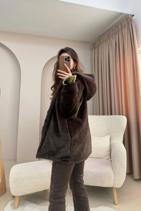 BUTTONED HOOD FAUX FUR WOMEN COAT BROWN/KAFE - 3