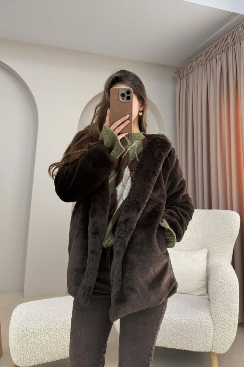 BUTTONED HOOD FAUX FUR WOMEN COAT BROWN/KAFE - 4