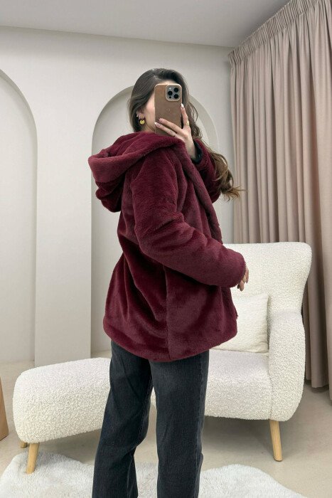BUTTONED HOOD FAUX FUR WOMEN COAT BURGUNDY/VISHNJE - 2