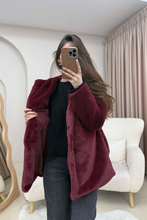 BUTTONED HOOD FAUX FUR WOMEN COAT BURGUNDY/VISHNJE - 3