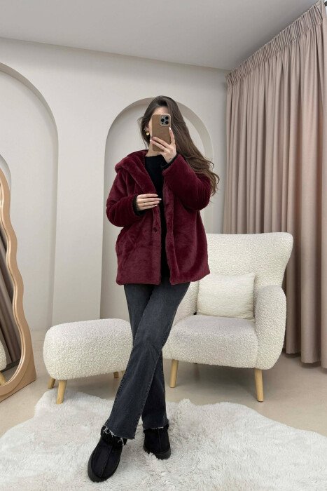 BUTTONED HOOD FAUX FUR WOMEN COAT BURGUNDY/VISHNJE - 4