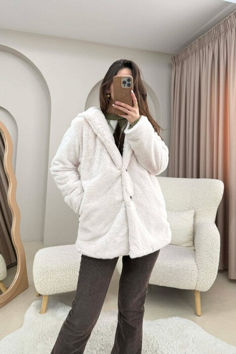 BUTTONED HOOD FAUX FUR WOMEN COAT CREAM/KREM - 1