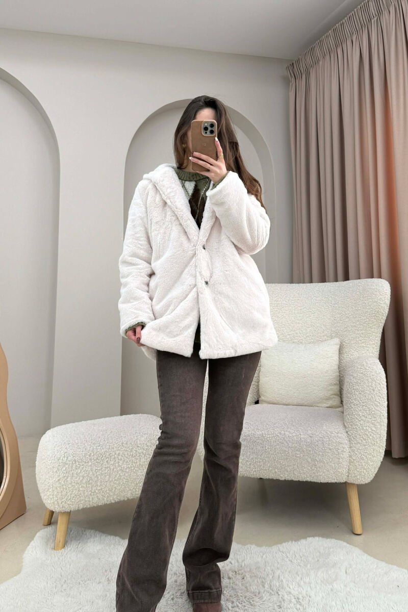 BUTTONED HOOD FAUX FUR WOMEN COAT CREAM/KREM - 2