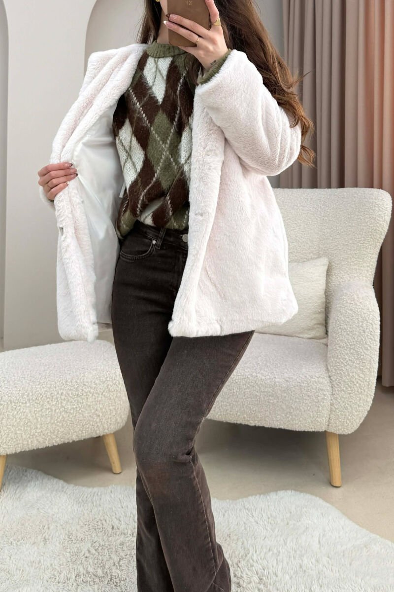 BUTTONED HOOD FAUX FUR WOMEN COAT CREAM/KREM - 4