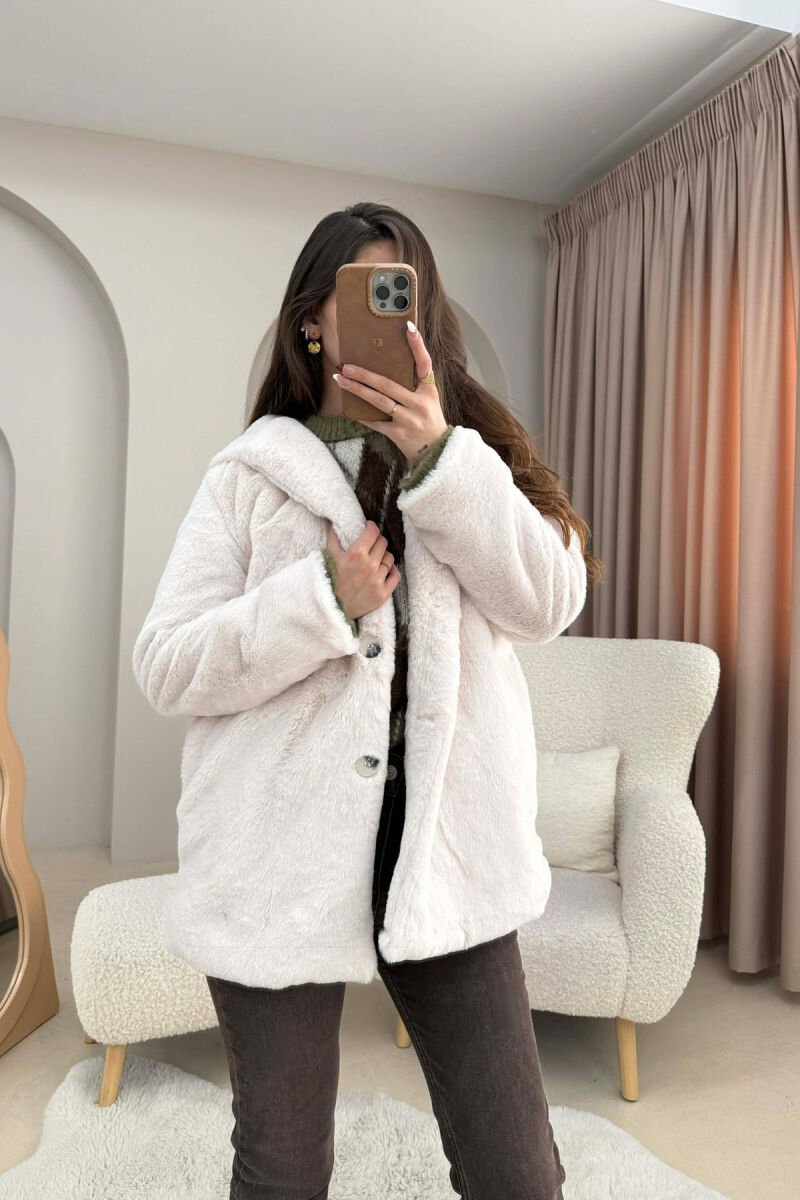 BUTTONED HOOD FAUX FUR WOMEN COAT CREAM/KREM - 5