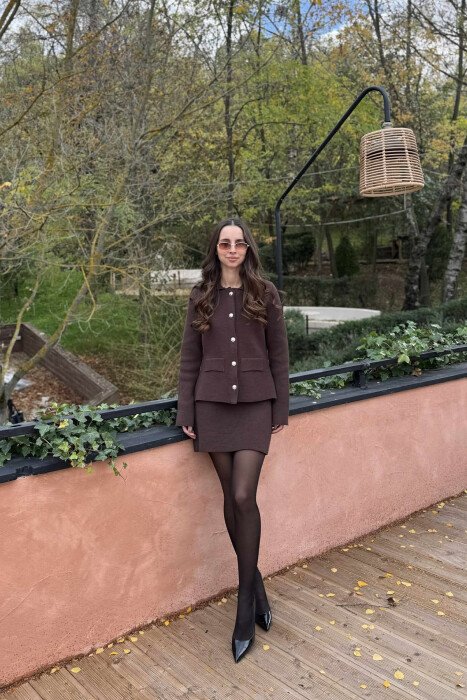 BUTTONED JACKET+SKIRT ONE COLOR WOMEN SET BROWN/KAFE - 1