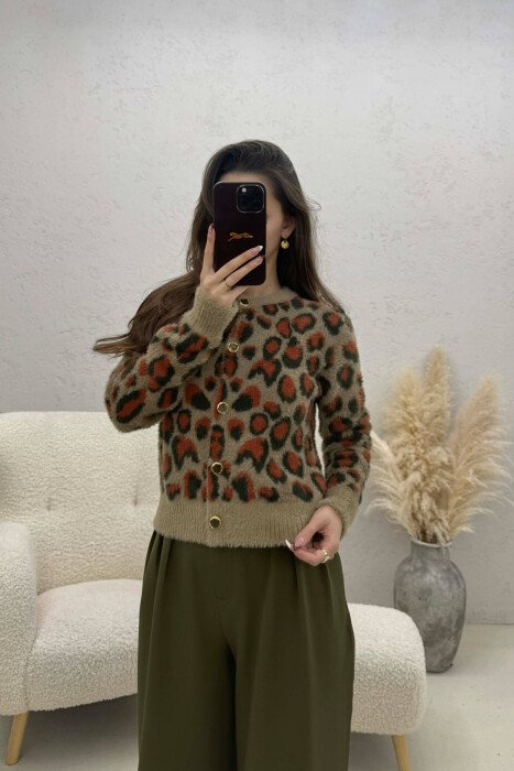 BUTTONED KNITTED LEO DESIGN WOMEN CARDIGAN BROWN/KAFE - 1