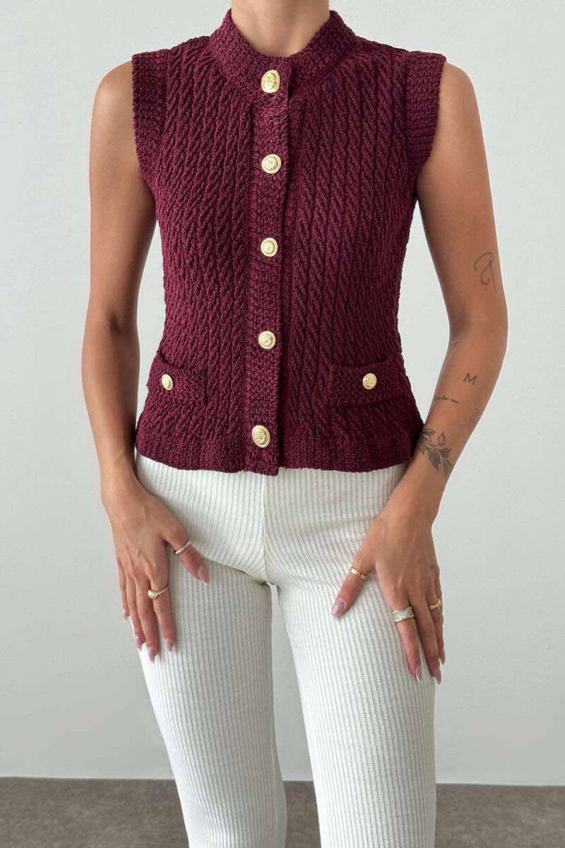 BUTTONED KNITTED WOMEN VEST BURGUNDY/VISHNJE - 4