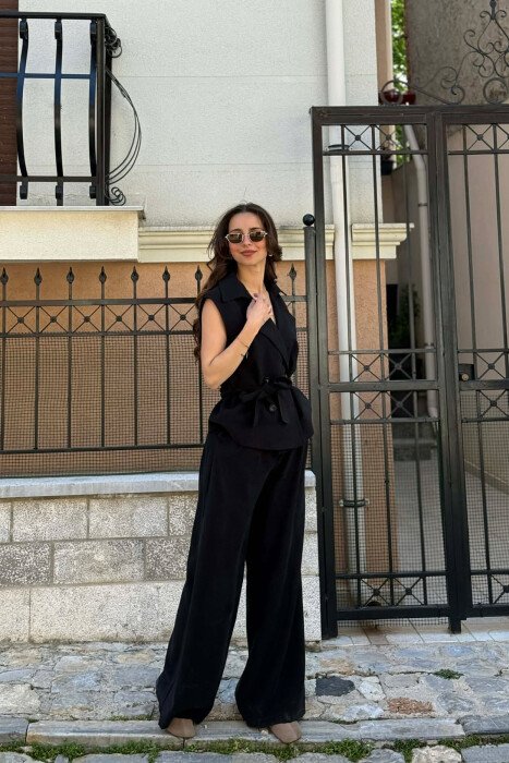 BUTTONED LACING VEST +TROUSERS WOMAN SET BLACK/ E ZEZE - KLAUDIO FASHION