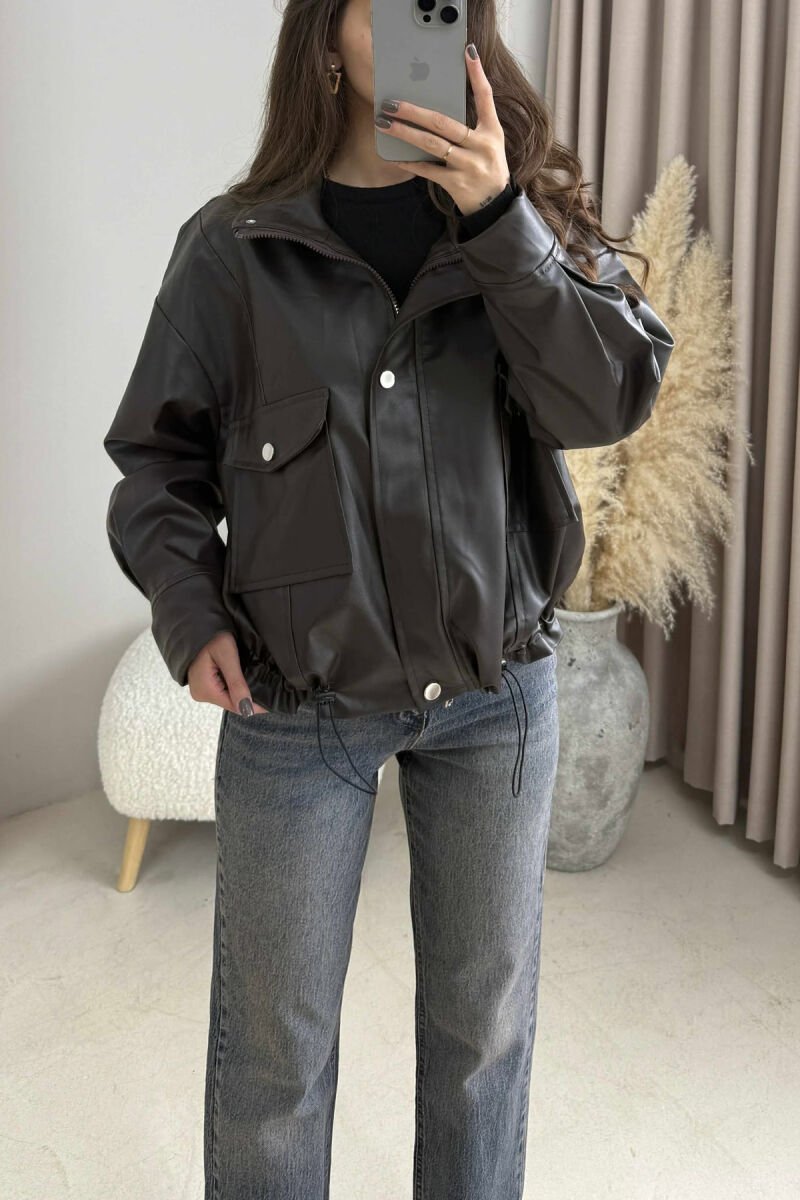 BUTTONED LEATHER WOMEN JACKET BROWN/KAFE - 2