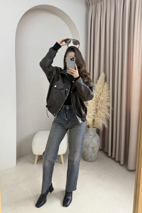 BUTTONED LEATHER WOMEN JACKET BROWN/KAFE - 4