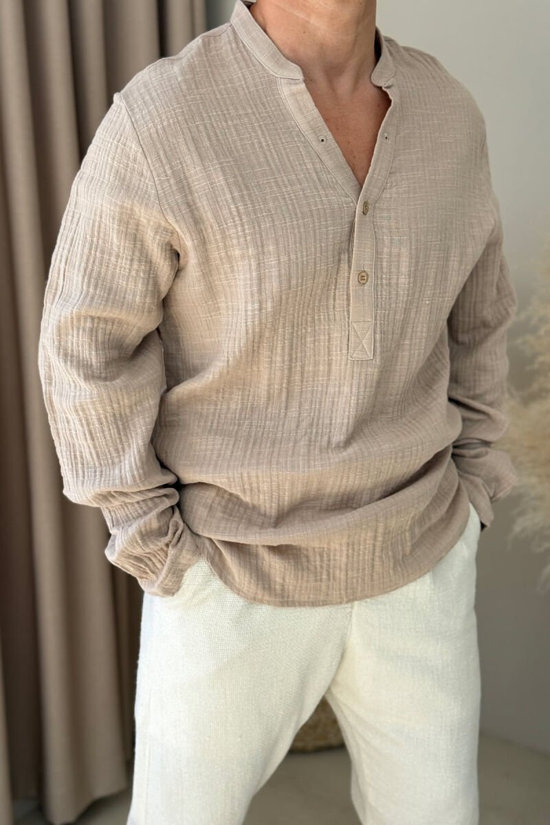 BUTTONED NECK ONE COLOR MEN SHIRT BEIGE/BEZHE - 1