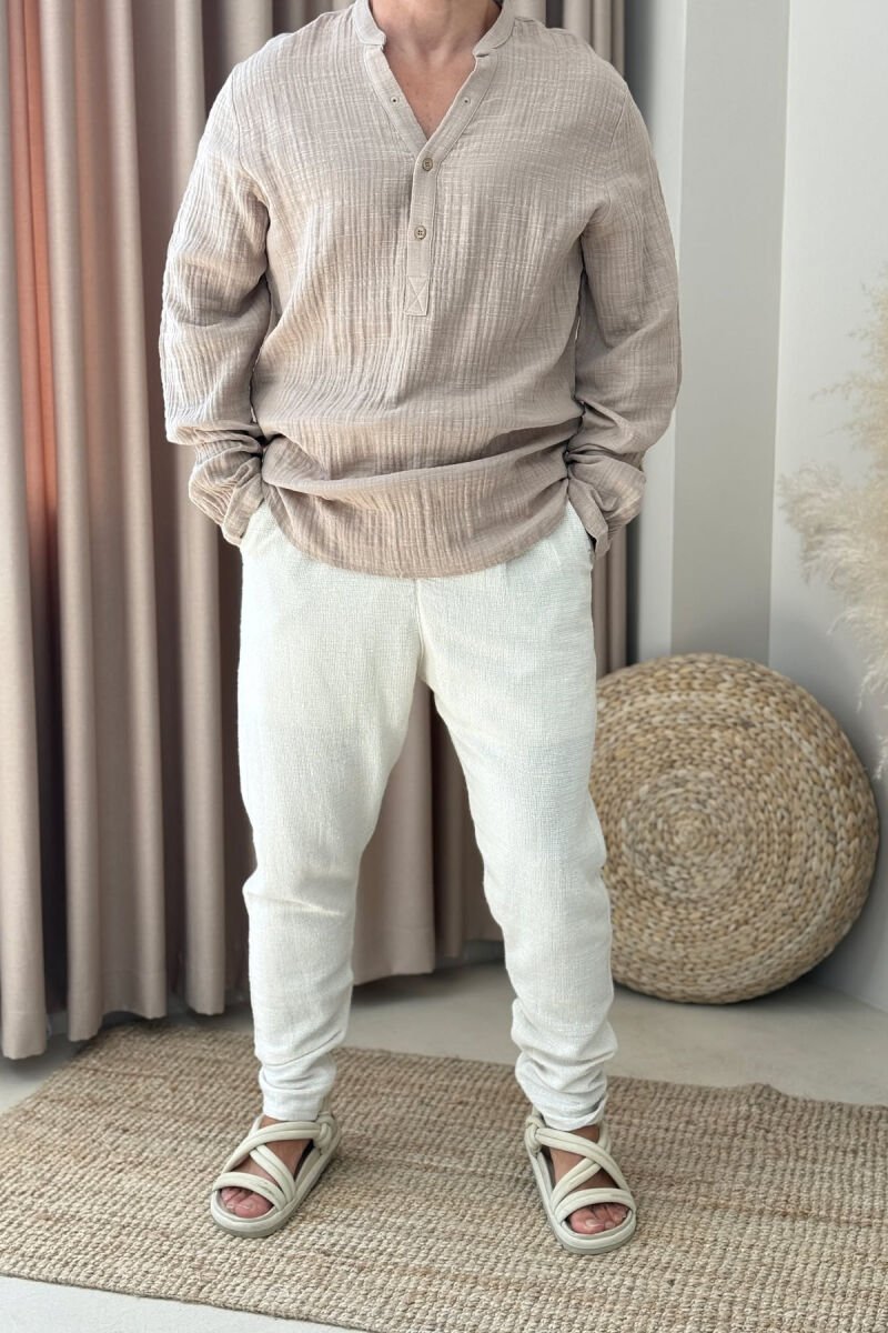 BUTTONED NECK ONE COLOR MEN SHIRT BEIGE/BEZHE - 2