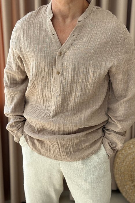 BUTTONED NECK ONE COLOR MEN SHIRT BEIGE/BEZHE - 3