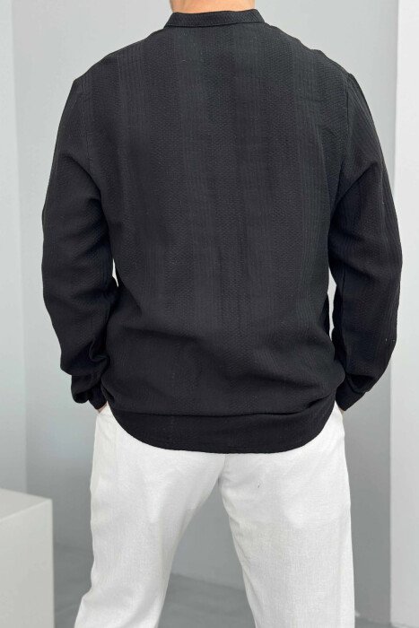 BUTTONED NECK ONE COLOR MEN SHIRT BLACK/ E ZEZE - 2
