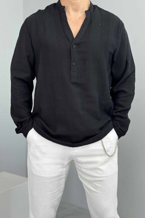 BUTTONED NECK ONE COLOR MEN SHIRT BLACK/ E ZEZE - 3
