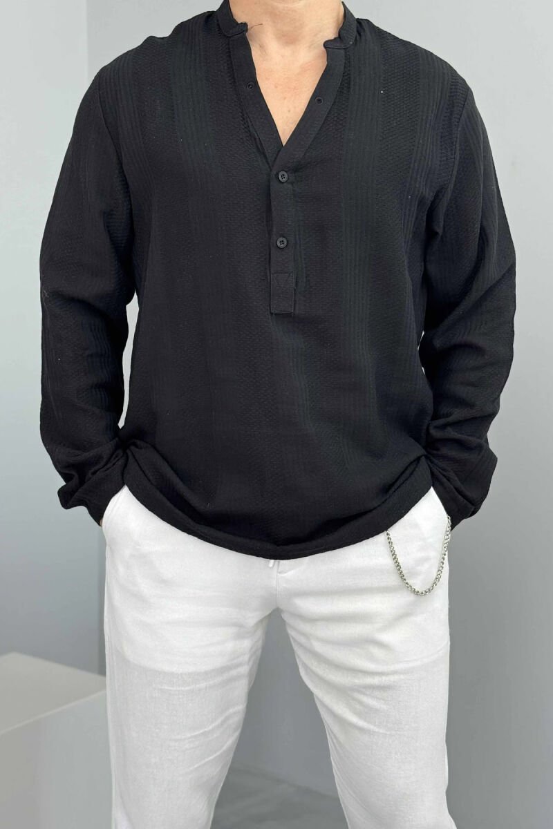 BUTTONED NECK ONE COLOR MEN SHIRT BLACK/ E ZEZE - 3