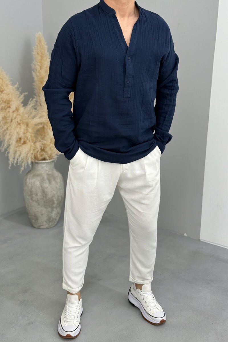 BUTTONED NECK ONE COLOR MEN SHIRT DARK BLUE/BEE - 1