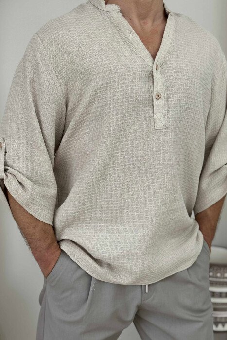 BUTTONED NECK ONE COLOR MEN T-SHIRT BEIGE/BEZHE - 4