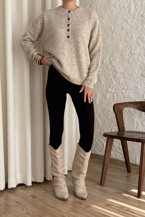 BUTTONED NECK ONE COLOR WOMEN SWEATER BEIGE/BEZHE 