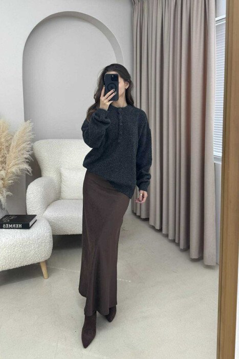 BUTTONED NECK ONE COLOR WOMEN SWEATER DARK GREY/GEE - 1