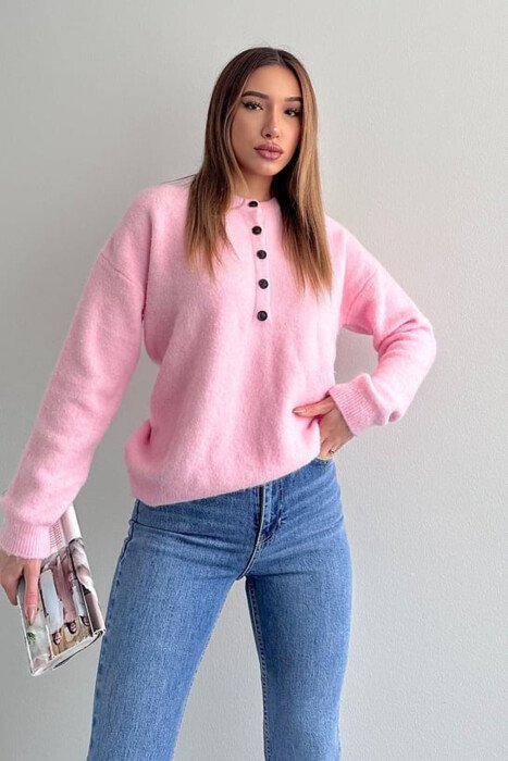 BUTTONED NECK ONE COLOR WOMEN SWEATER PINK/ROZE 