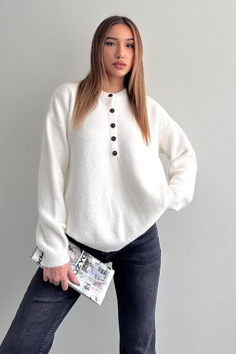 BUTTONED NECK ONE COLOR WOMEN SWEATER WHITE-E BARDHE - 1