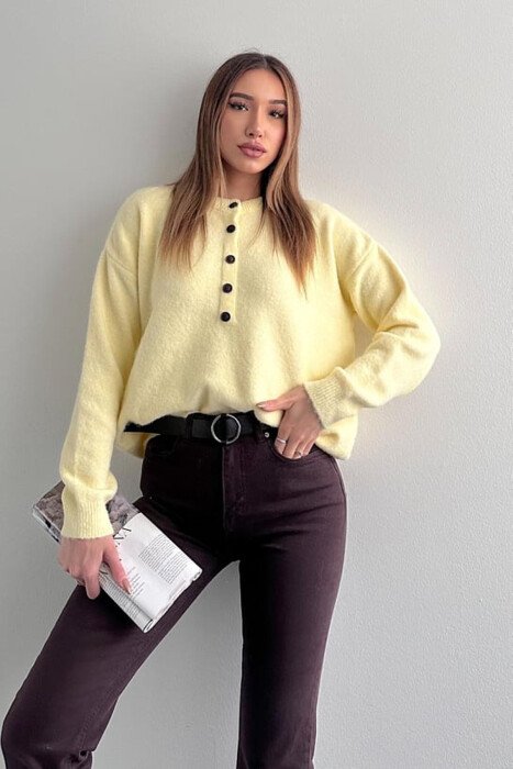 BUTTONED NECK ONE COLOR WOMEN SWEATER YELLOW/E VERDHE 