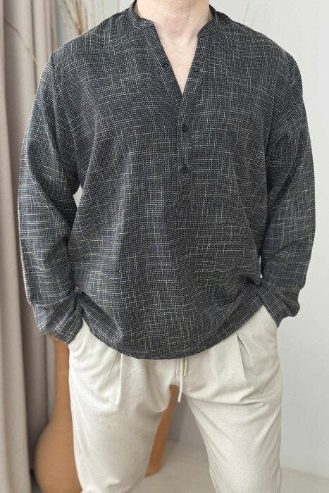 BUTTONED NECK PLAID MEN SHIRT BLACK-WHITE/ZEBA - KLAUDIO FASHION