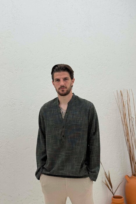 BUTTONED NECK PLAID MEN SHIRT BLACK-YELLOW/ZEVE - KLAUDIO FASHION