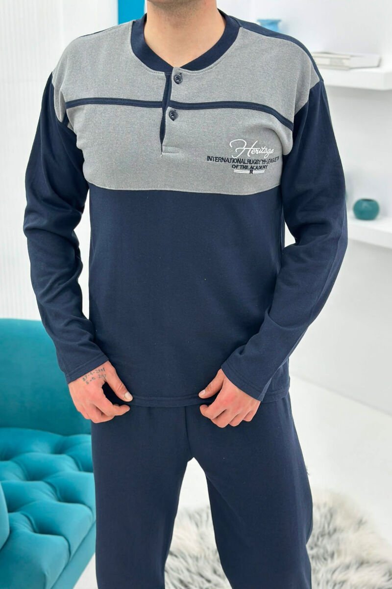 BUTTONED NECK SIMPLE SWEATSHIRT+SWEATPANTS MEN PYJAMAS DARK BLUE/BEE - 1