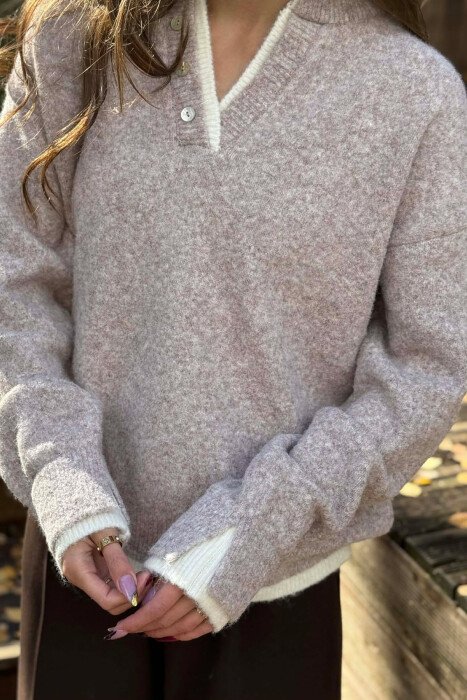 BUTTONED NECK SIMPLE WOMEN SWEATER BEIGE/BEZHE - 2
