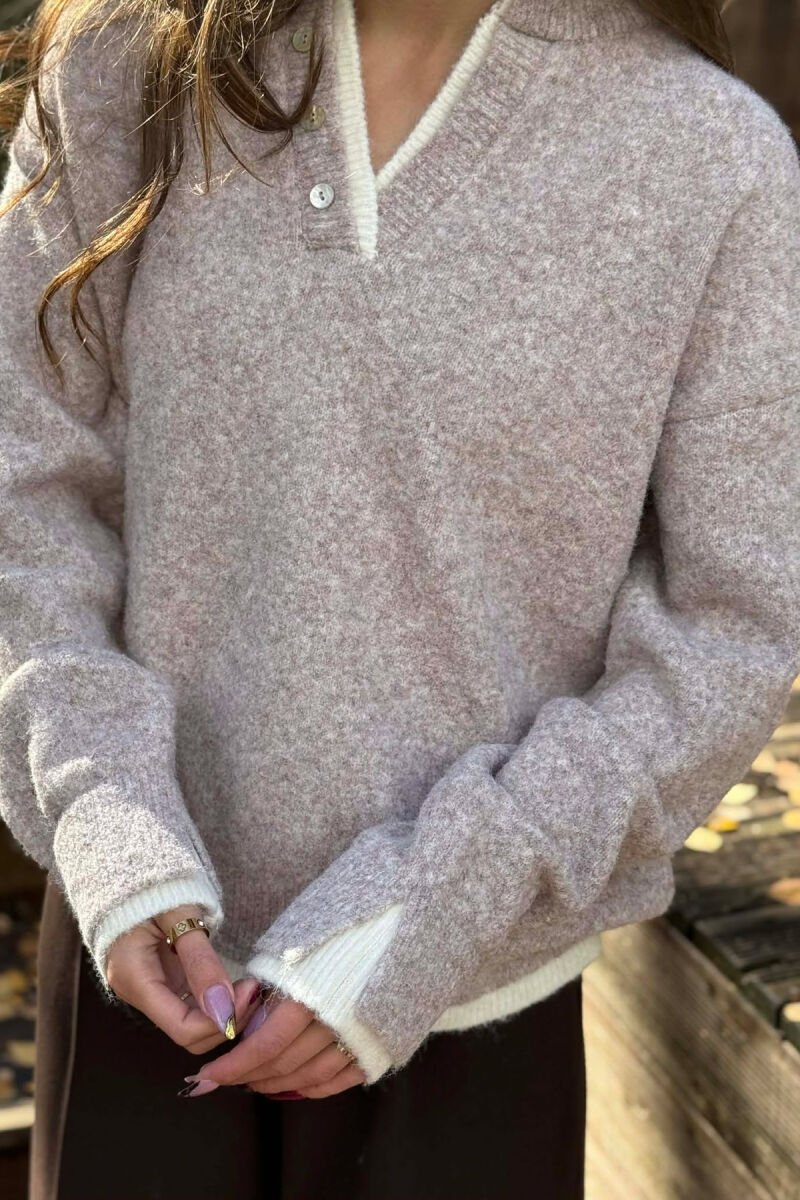 BUTTONED NECK SIMPLE WOMEN SWEATER BEIGE/BEZHE - 2