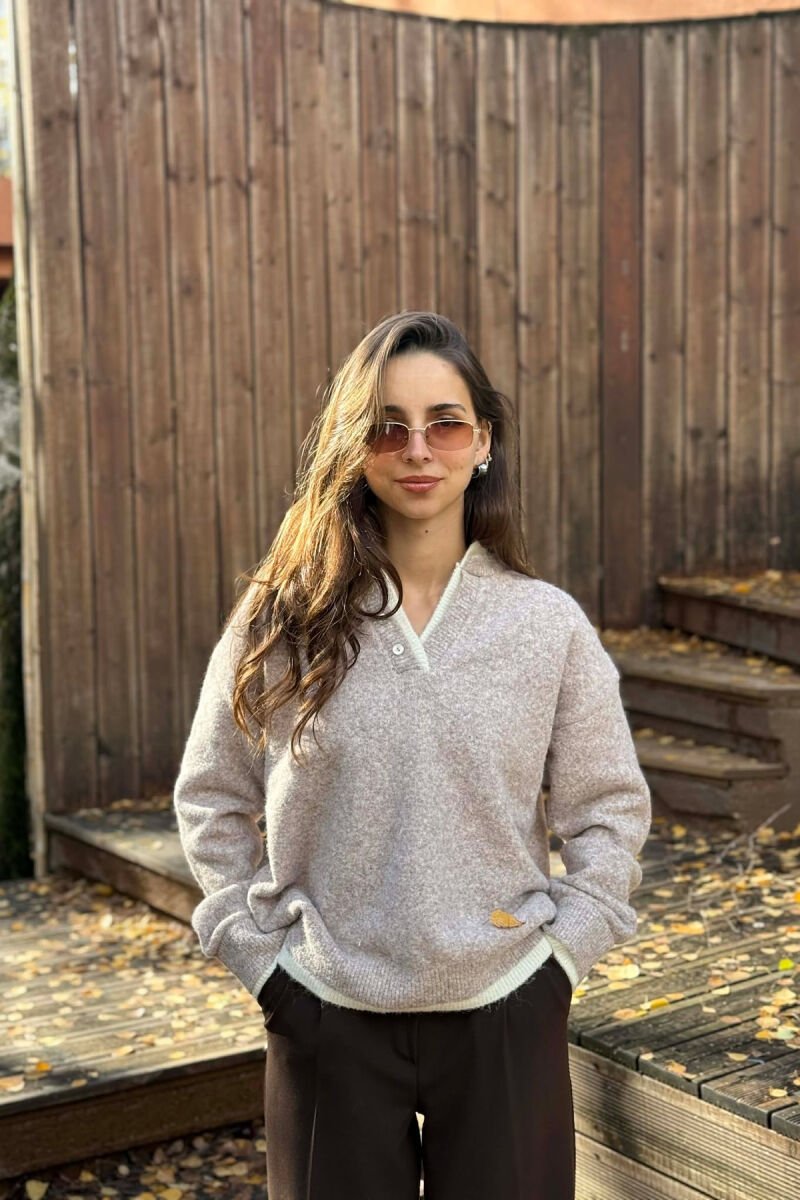 BUTTONED NECK SIMPLE WOMEN SWEATER BEIGE/BEZHE - 3