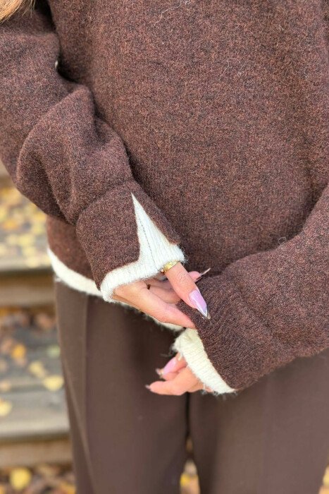 BUTTONED NECK SIMPLE WOMEN SWEATER DARK BROWN/KAE - 2