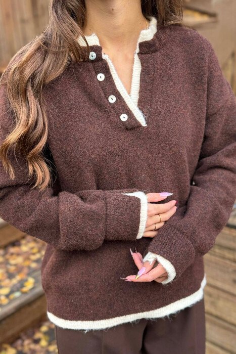 BUTTONED NECK SIMPLE WOMEN SWEATER DARK BROWN/KAE - 4