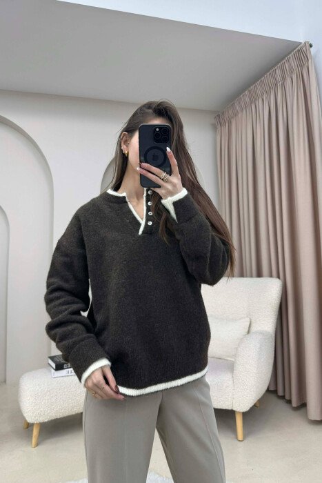 BUTTONED NECK SIMPLE WOMEN SWEATER OLIVE/ULLI 